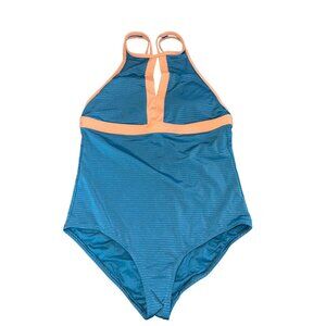 Skye Swimsuit Women L One Piece Teal Blue Tan Lightly Padded Bra Swimwear Swim